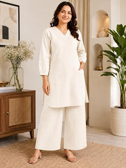 Beige Solid Kurta Palazzo Set for Office Wear - view 2