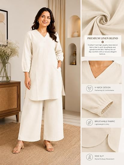 Beige Solid Kurta Palazzo Set for Office Wear