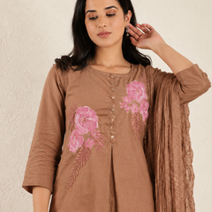 Pure Cotton Floral Embroidered Front-Pleated Ethnic Kurta Suit Set