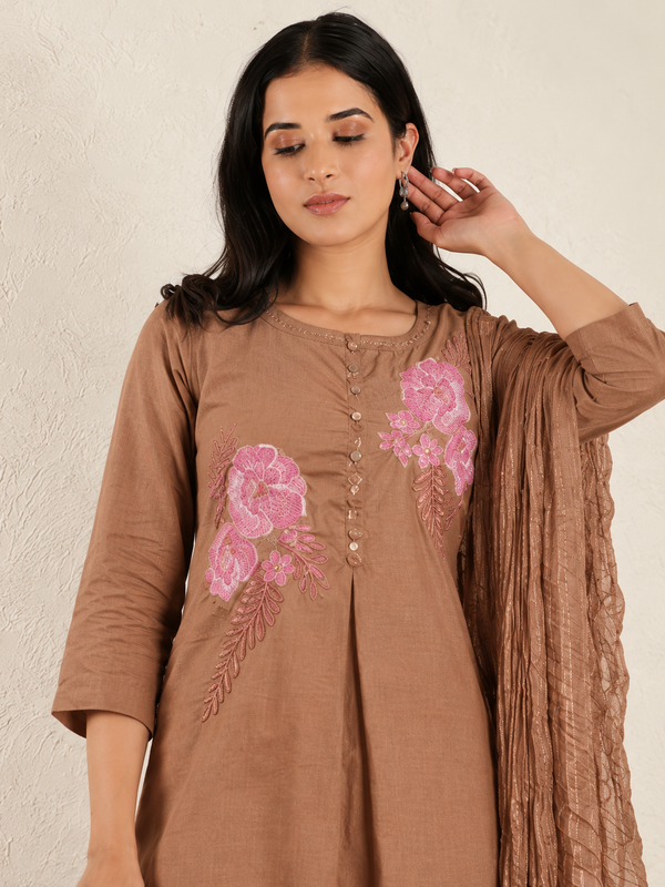 Pure Cotton Floral Embroidered Front-Pleated Ethnic Kurta Suit Set