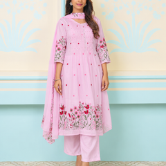 Pink Pintuck Anarkali Suit Set with Floral Embroidered Dupatta