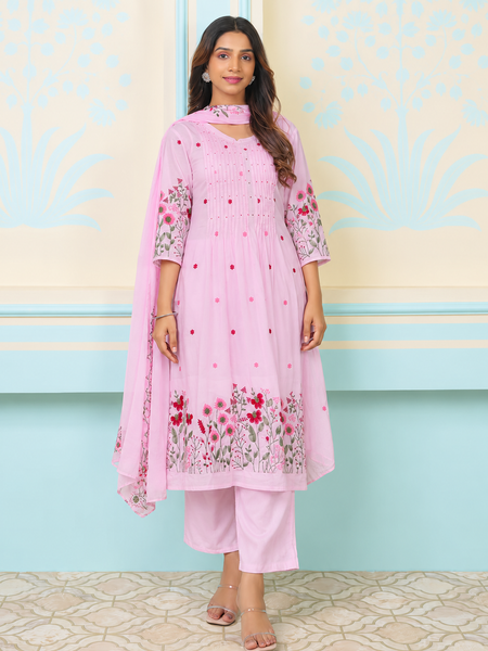 Pink Pintuck Anarkali Suit Set with Floral Embroidered Dupatta