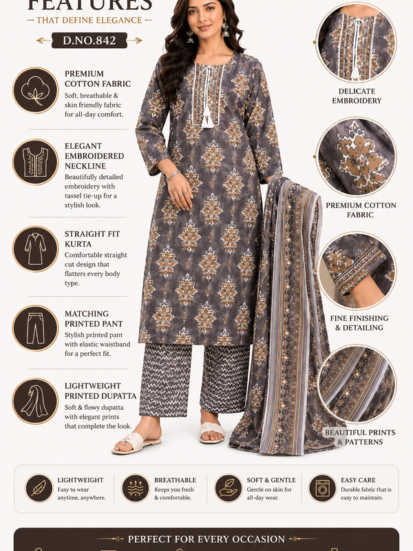 Brown Embroidered Cotton Kurta Pant Dupatta Set for Festive Wear - view 4