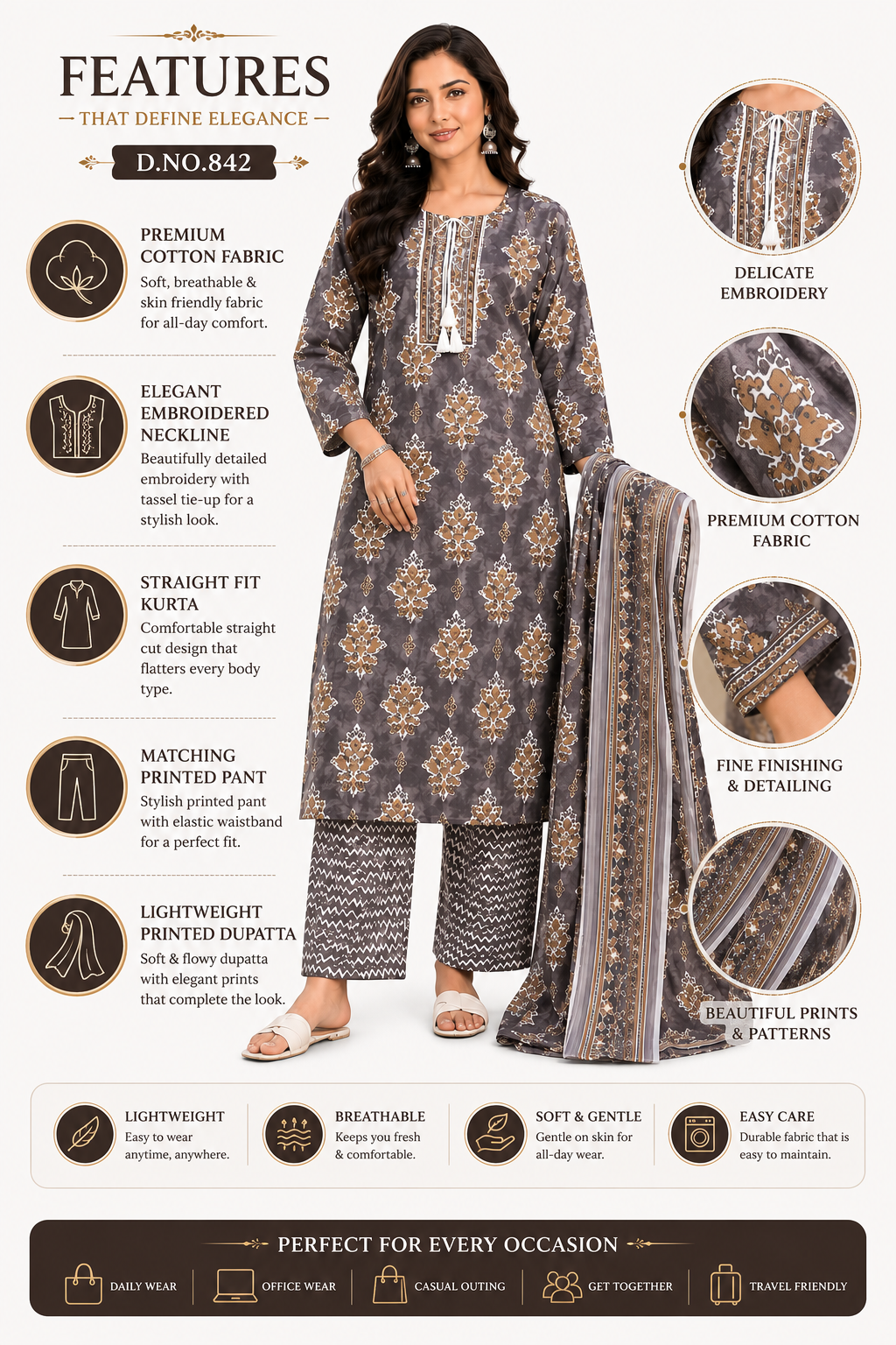 Women's Premium Cotton Kurta Pant Dupatta Set | Embroidered Neck | Printed 3-Piece Ethnic Suit