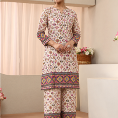 White Printed Rayon Kurta Palazzo Co-Ord Set for Festive Wear