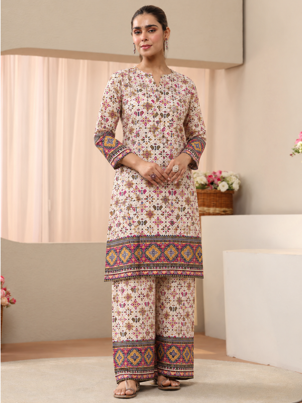 White Printed Rayon Kurta Palazzo Co-Ord Set for Festive Wear