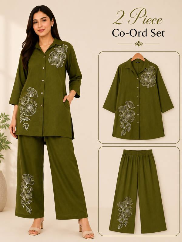 Floral Embroidered Shirt & Pant Co-Ord Set for Office Wear - view 4