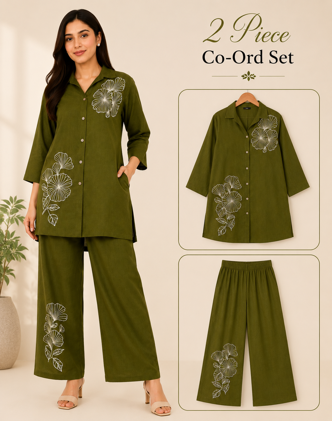 Women's Floral Embroidered Co-Ord Set | Button Down Shirt & Wide Leg Pants