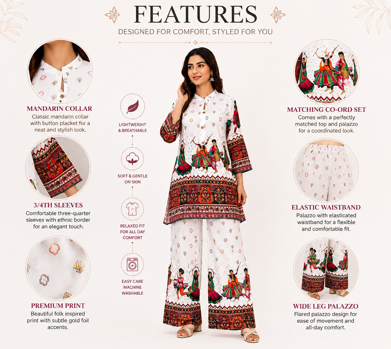 Premium Folk Print Rayon Kurta Palazzo Co-Ord Set for Women