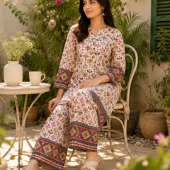 White Printed Rayon Kurta Palazzo Co-Ord Set for Festive Wear