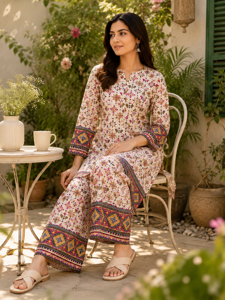 White Printed Rayon Kurta Palazzo Co-Ord Set for Festive Wear