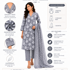 Gray Printed Cotton Kurta Pant Dupatta Set for Festive Wear - view 6
