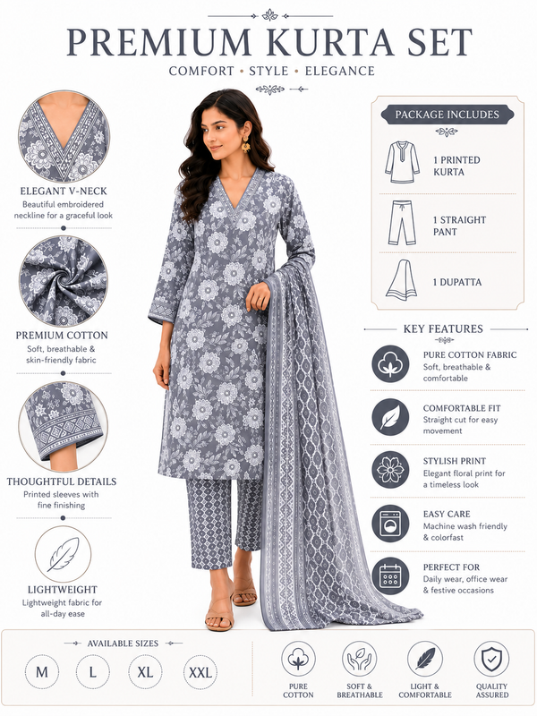 Gray Printed Cotton Kurta Pant Dupatta Set for Festive Wear - view 6