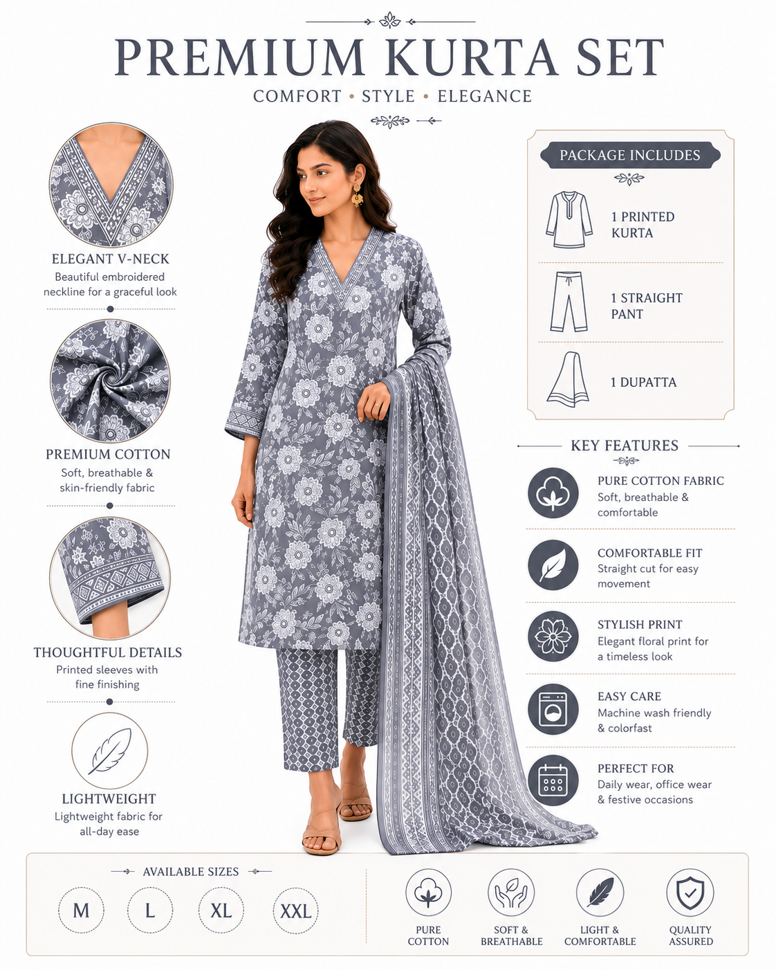 Women's Pure Cotton Printed Kurta Pant Dupatta Set | V-Neck | 3-Piece Ethnic Suit Set
