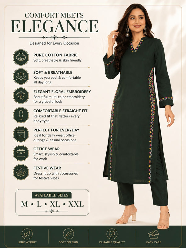 Green Embroidered Cotton Kurta Pant Set for Festive Wear - view 4
