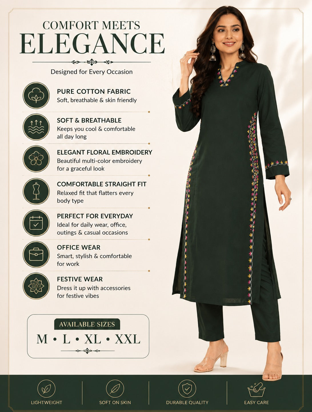 Premium Cotton Embroidered Kurta Pant Set | Straight Fit | Daily & Office Wear
