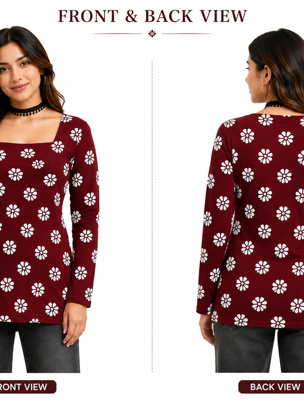 Floral-Print Tunic Top for Office Wear with Square Neck - view 5