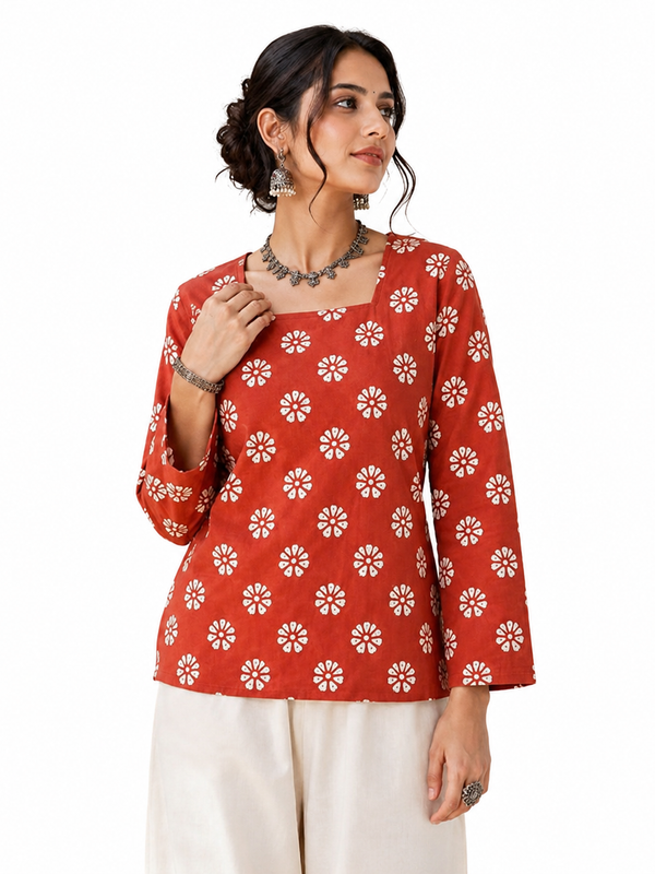 Red Block-Print Cotton Top for Office Wear - view 2