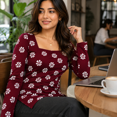 Floral-Print Tunic Top for Office Wear with Square Neck