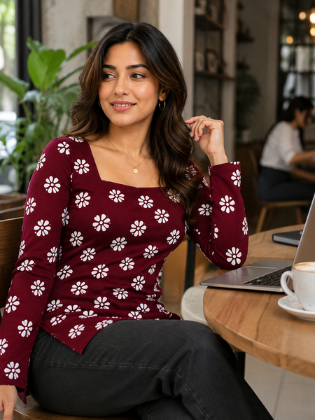 Floral-Print Tunic Top for Office Wear with Square Neck
