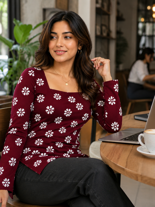 Floral-Print Tunic Top for Office Wear with Square Neck