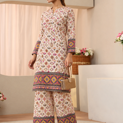 White Printed Rayon Kurta Palazzo Co-Ord Set for Festive Wear