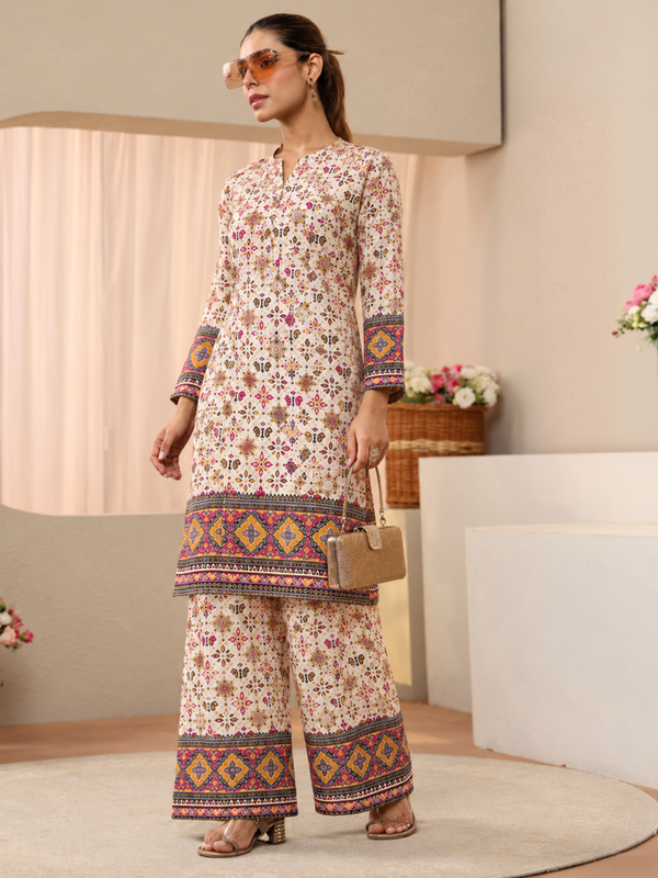 White Printed Rayon Kurta Palazzo Co-Ord Set for Festive Wear