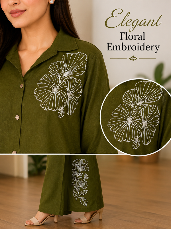 Floral Embroidered Shirt & Pant Co-Ord Set for Office Wear - view 5