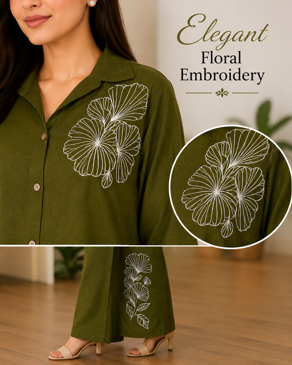 Women's Floral Embroidered Co-Ord Set | Button Down Shirt & Wide Leg Pants