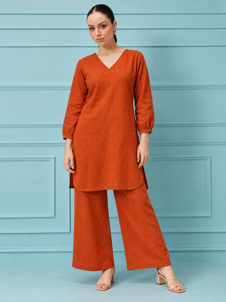Orange Linen Co-Ord Set for Festive Wear
