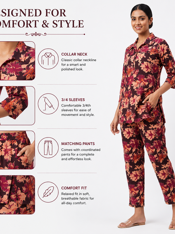 Floral-Print Co-Ord Set for Office Wear with V-Neck - view 3
