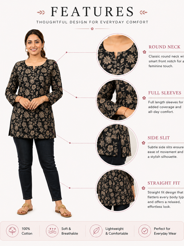 Black Floral-Print Cotton Short Kurti for Office Wear - view 4