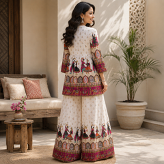 White Printed Kurta Palazzo Set for Festive Wear - view 2