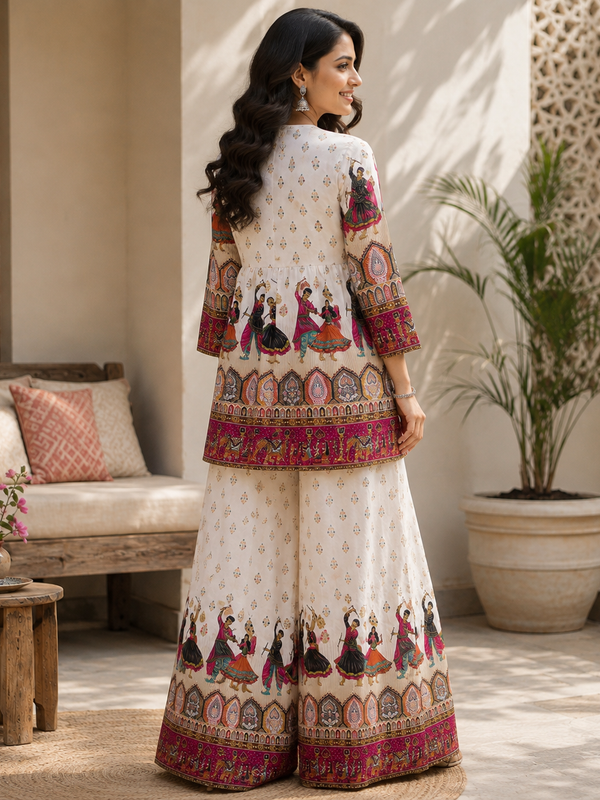 White Printed Kurta Palazzo Set for Festive Wear - view 2