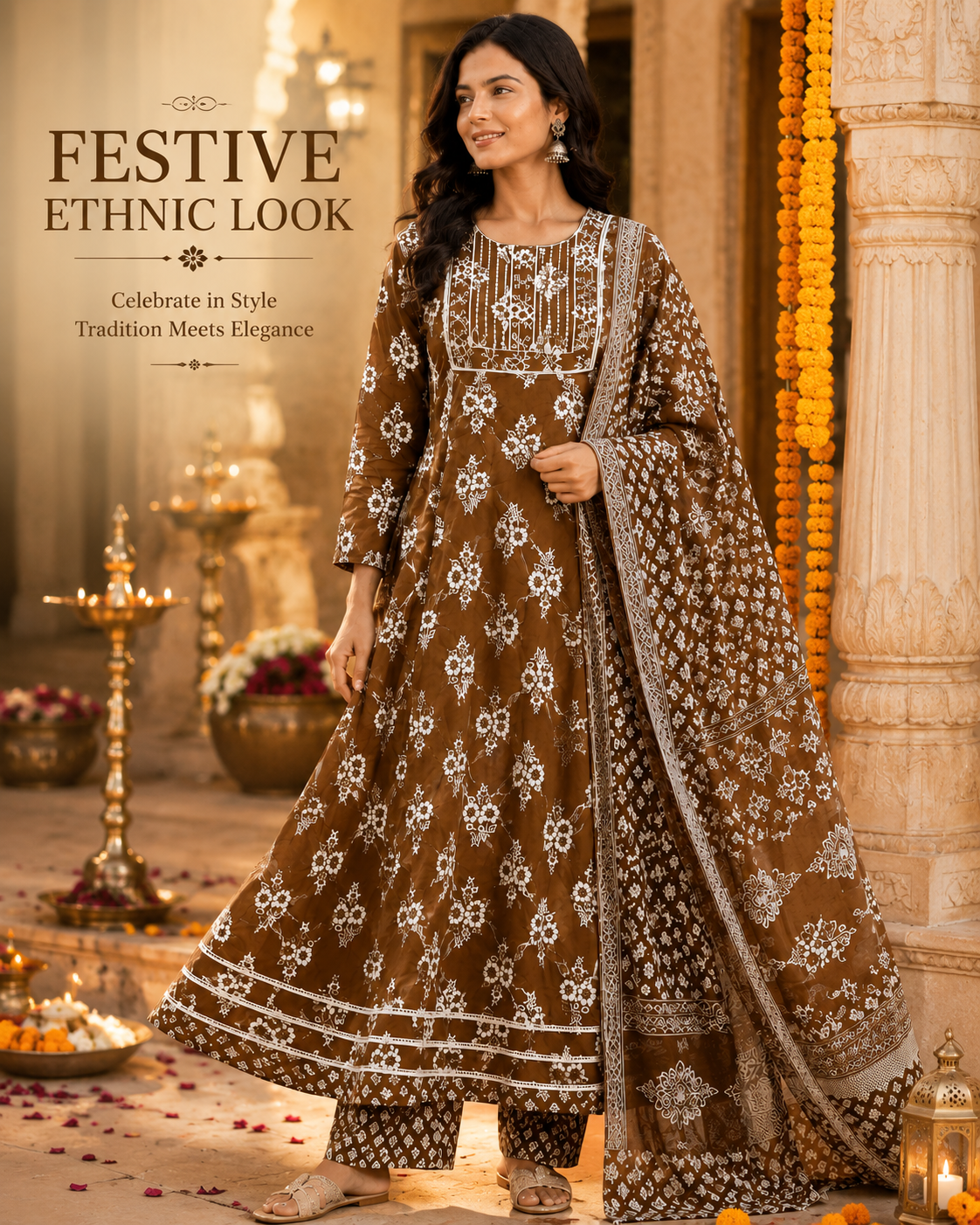 Women's Cotton Anarkali Kurta Pant Dupatta Set | Embroidered Ethnic Suit Set