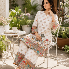 White Printed Rayon Kurta Palazzo Set for Festive Wear