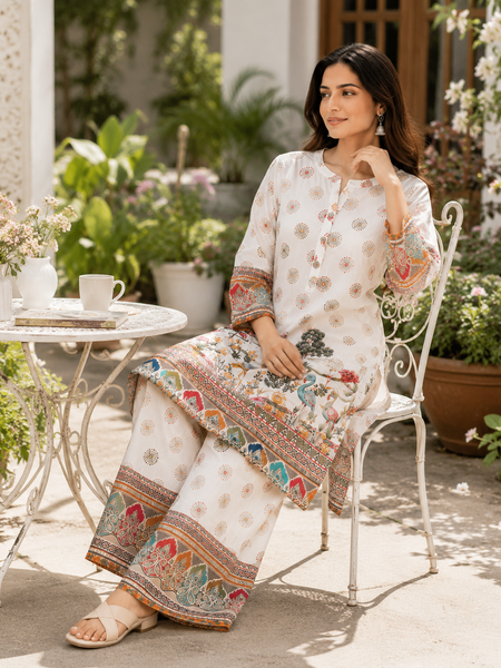 White Printed Rayon Kurta Palazzo Set for Festive Wear