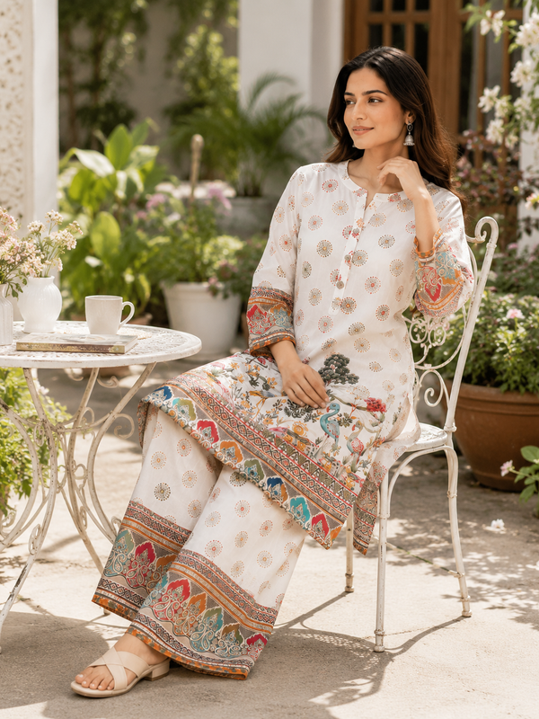 White Printed Rayon Kurta Palazzo Set for Festive Wear