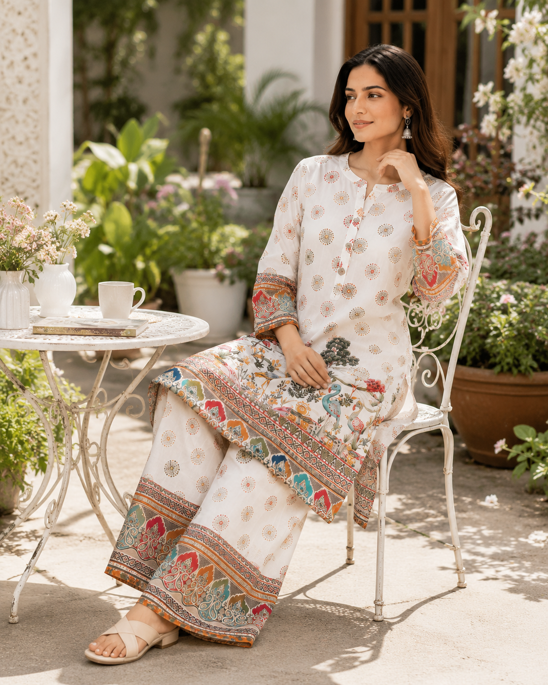 Women's White Printed Rayon Kurta Palazzo Set