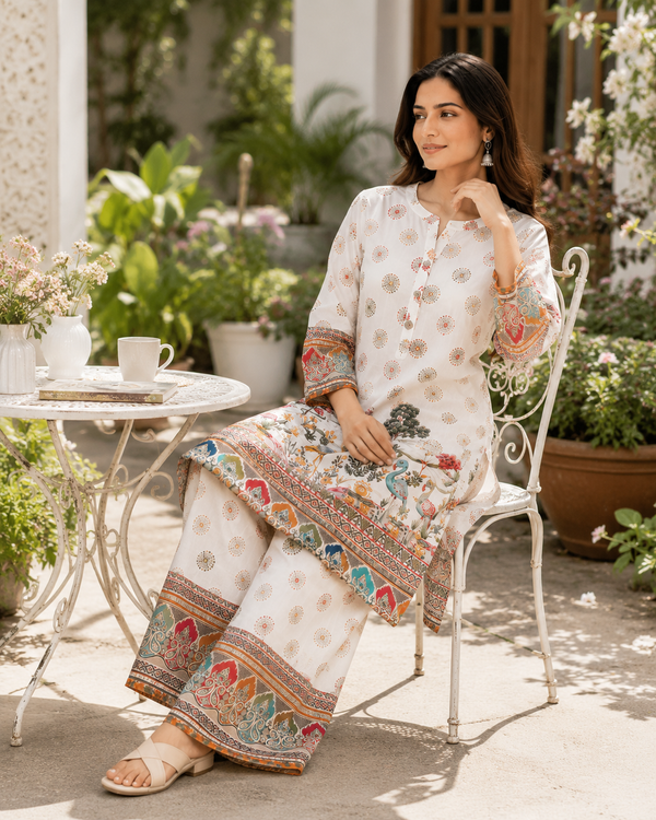 Women's White Printed Rayon Kurta Palazzo Set