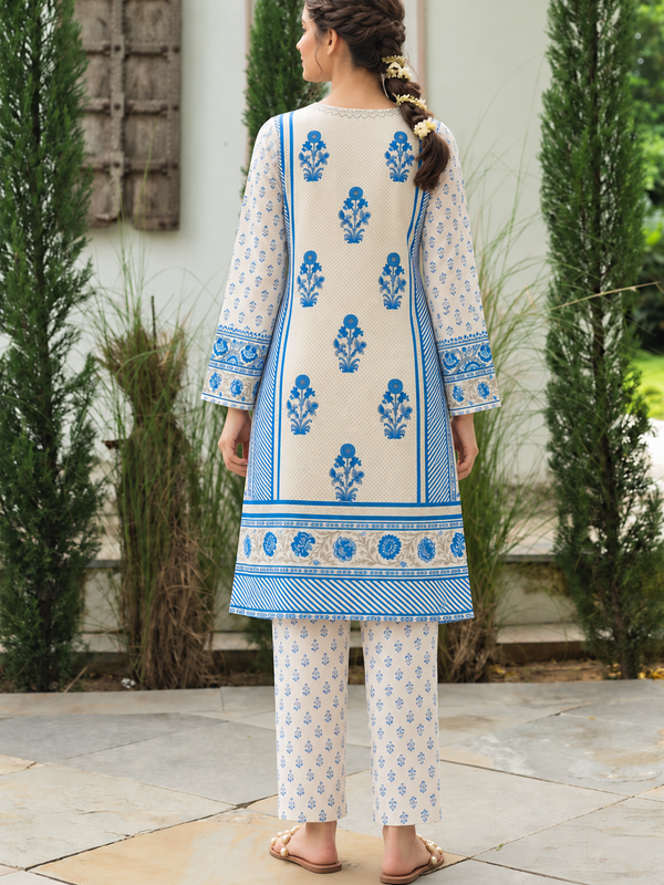 Ivory Blue Pure Crepe Mughal Floral Printed Co-Ord Set