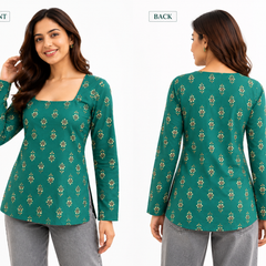 Green Printed Cotton Tunic Top for Office Wear - view 2