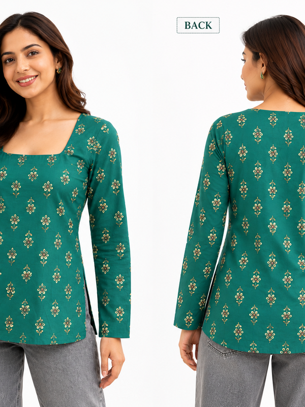 Green Printed Cotton Tunic Top for Office Wear - view 2
