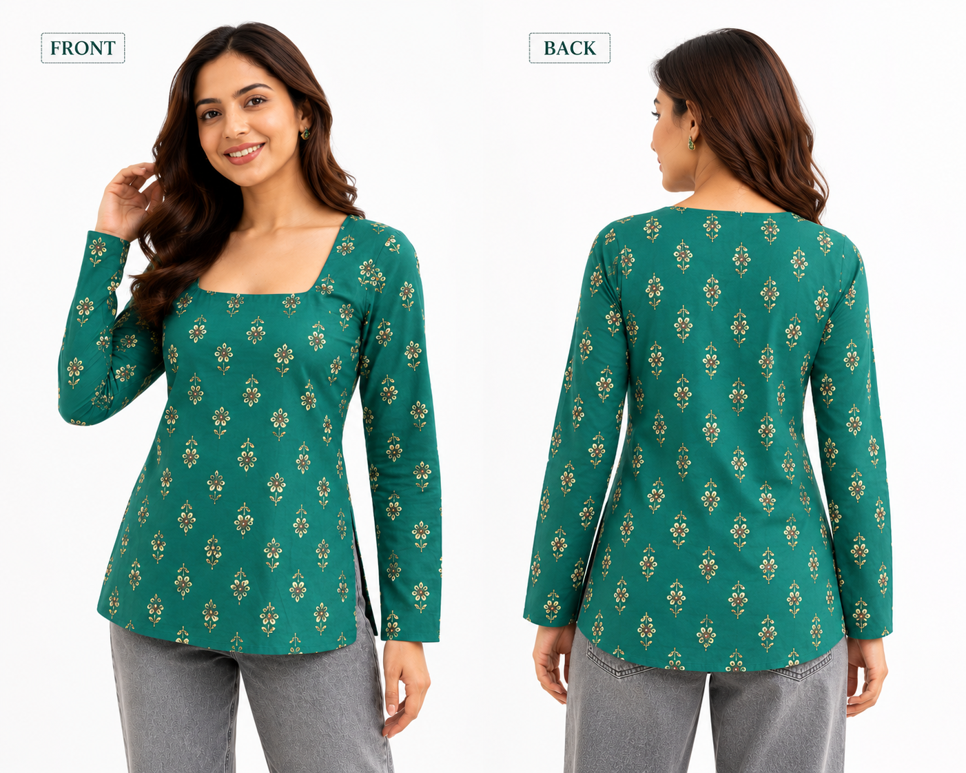 Women's Green Printed Cotton Top | Square Neck Casual Top for Women