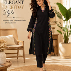 Black Embroidered Cotton Kurta Pant Set for Festive Wear