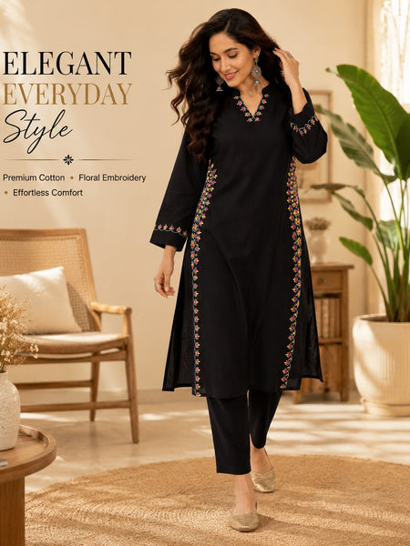 Black Embroidered Cotton Kurta Pant Set for Festive Wear