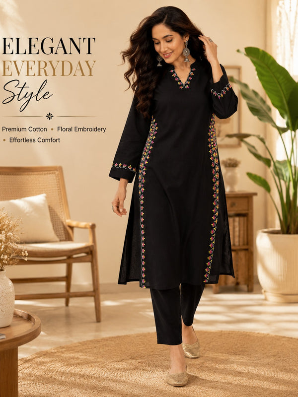 Black Embroidered Cotton Kurta Pant Set for Festive Wear