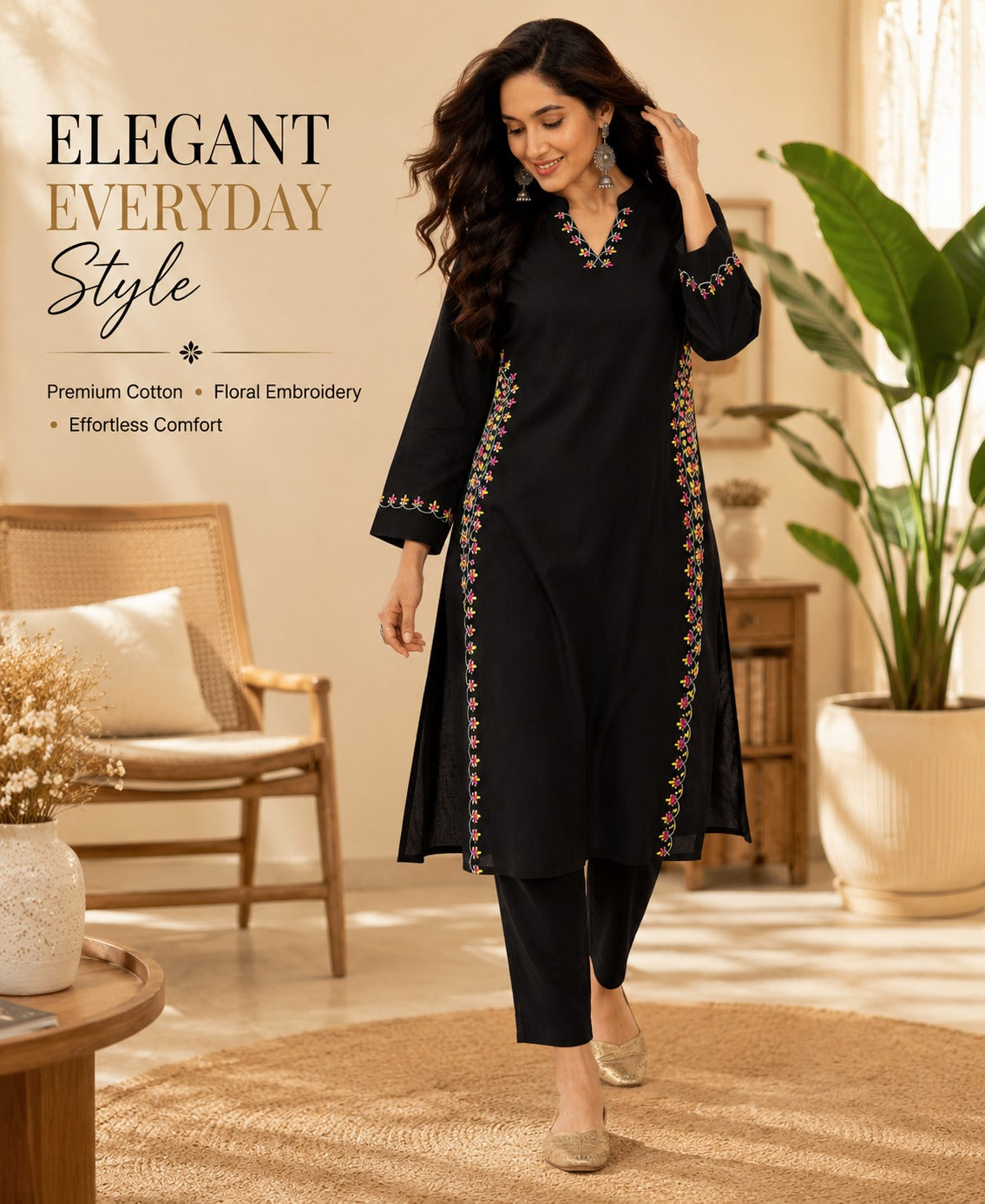 Premium Pure Cotton Embroidered Kurta Pant Set | Straight Fit | Daily & Office Wear