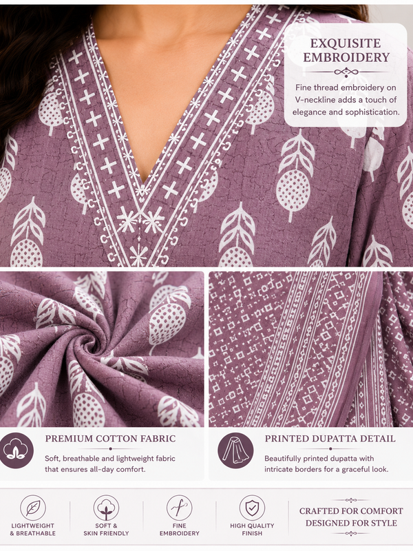 Purple Embroidered Cotton Kurta Pant Dupatta Set for Festive Wear - view 4