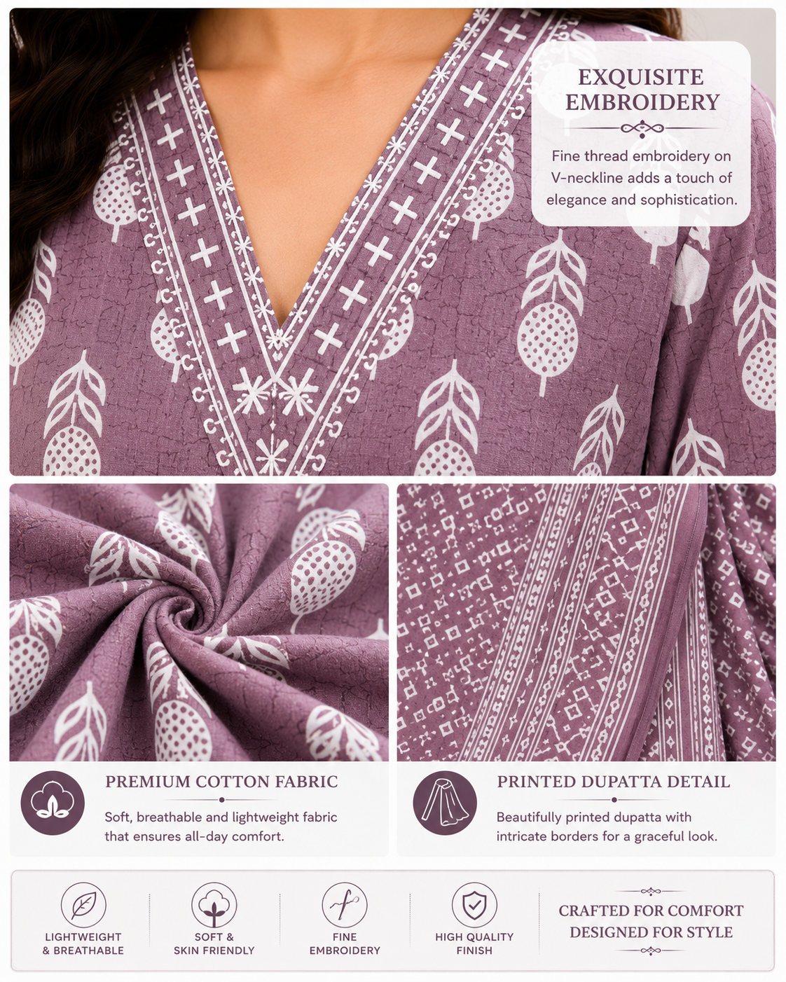 Women’s Cotton Printed Kurta Pant Dupatta Set | Embroidered V-Neck | Ethnic 3-Piece Suit Set
